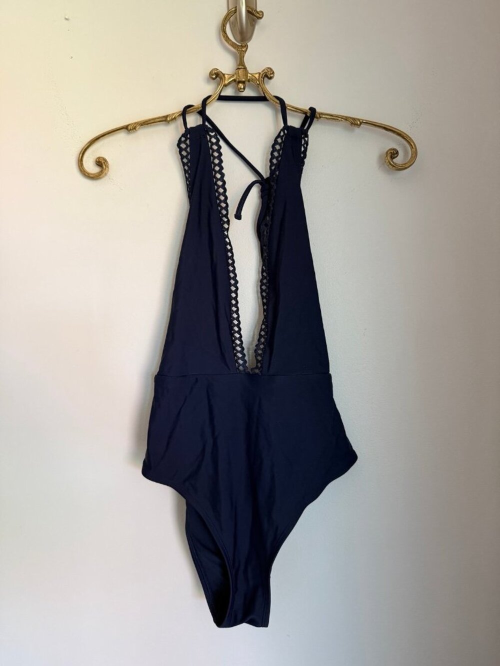 Aerie One Piece Swimsuit Small Blue Plunge Halter Crochet Trim - Picture 7 of 8